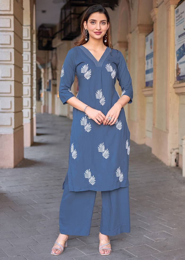 Floral Embroidered V-Neck Thread Work Straight Kurta With Palazzo