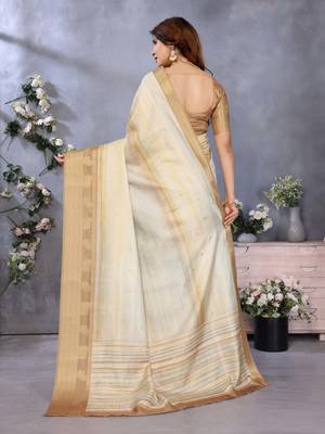 women's cream dola silk blend digital print saree with unstitched blouse piece 3