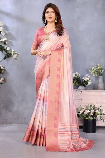 women's light pink dola silk blend digital print saree with unstitched blouse piece