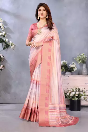 women's light pink dola silk blend digital print saree with unstitched blouse piece