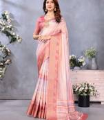 women's light pink dola silk blend digital print saree with unstitched blouse piece
