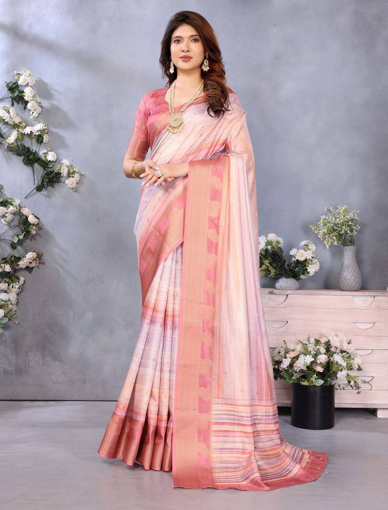 women's light pink dola silk blend digital print saree with unstitched blouse piece