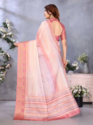 women's light pink dola silk blend digital print saree with unstitched blouse piece 3