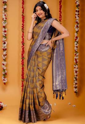 mustard silk blend banarasi saree with blouse  1