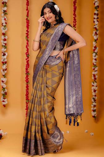 mustard soft art silk banarasi saree with blouse 
