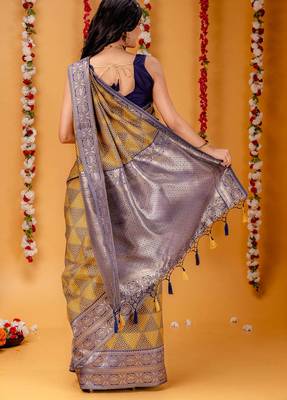 mustard silk blend banarasi saree with blouse  2