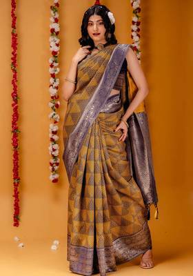 mustard silk blend banarasi saree with blouse  3