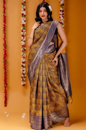 mustard silk blend banarasi saree with blouse 