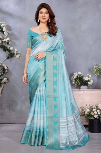 women's sky blue dola silk blend digital print saree with unstitched blouse piece