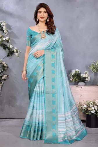 women's sky blue dola silk blend digital print saree with unstitched blouse piece