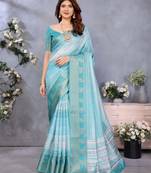 women's sky blue dola silk blend digital print saree with unstitched blouse piece
