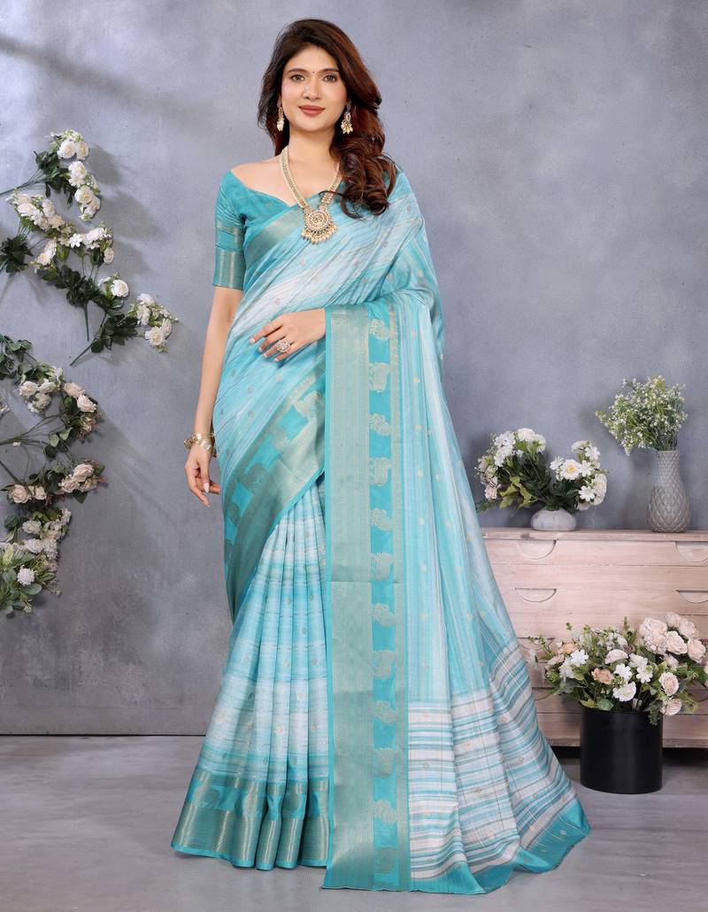 women's sky blue dola silk blend digital print saree with unstitched blouse piece
