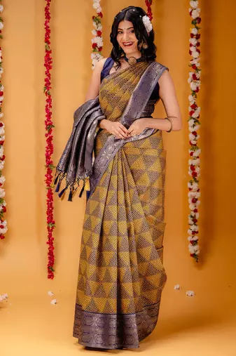 mustard silk blend banarasi saree with blouse 
