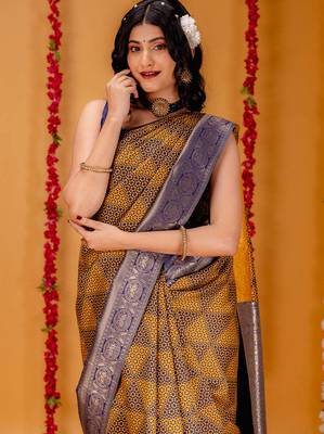 mustard silk blend banarasi saree with blouse  5