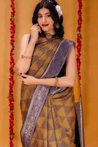 mustard silk blend banarasi saree with blouse 