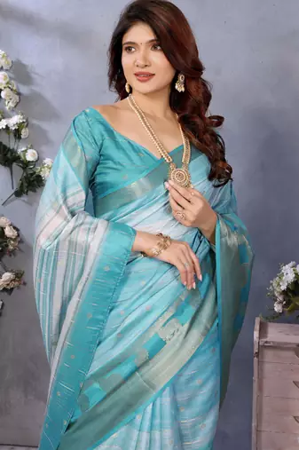 women's sky blue dola silk blend digital print saree with unstitched blouse piece