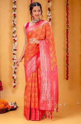 orange silk blend banarasi saree with blouse  1