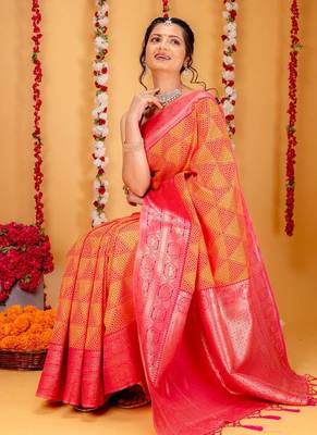 orange silk blend banarasi saree with blouse  2