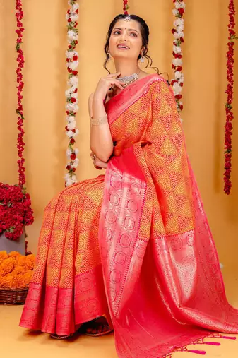 orange silk blend banarasi saree with blouse 