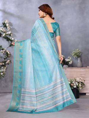 women's sky blue dola silk blend digital print saree with unstitched blouse piece 3