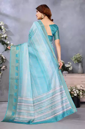 women's sky blue dola silk blend digital print saree with unstitched blouse piece