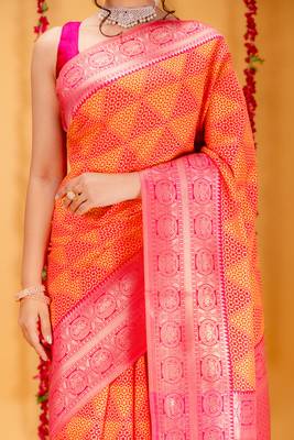 orange silk blend banarasi saree with blouse  3