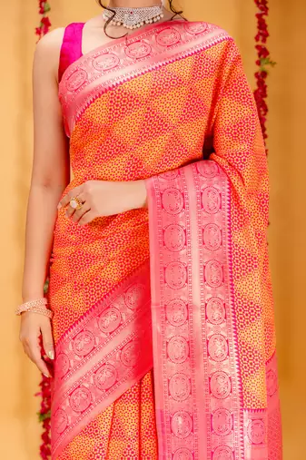 orange silk blend banarasi saree with blouse 