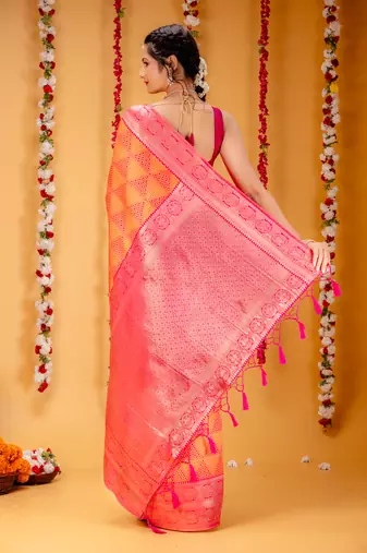 orange silk blend banarasi saree with blouse 