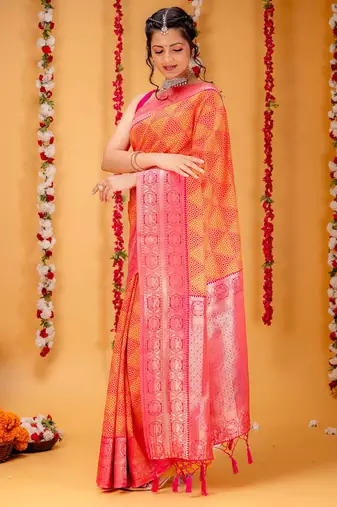 orange silk blend banarasi saree with blouse 
