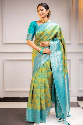 yellow soft art silk banarasi saree with blouse 
