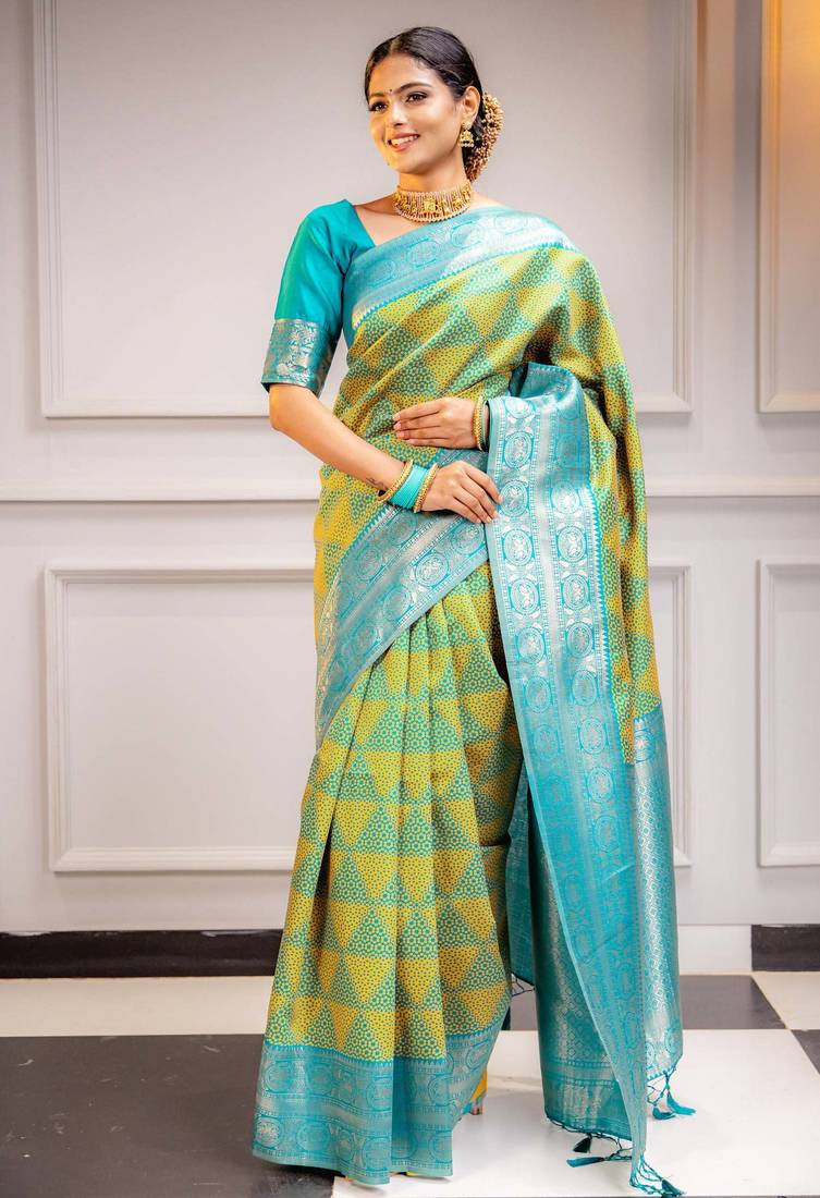 yellow soft art silk banarasi saree with blouse 