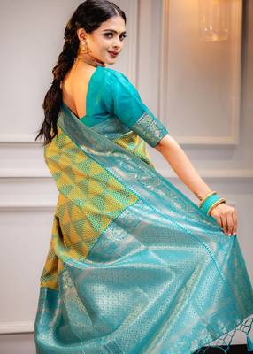 yellow silk blend banarasi saree with blouse  2