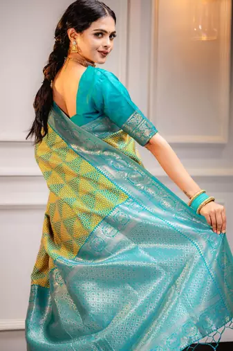 yellow silk blend banarasi saree with blouse 