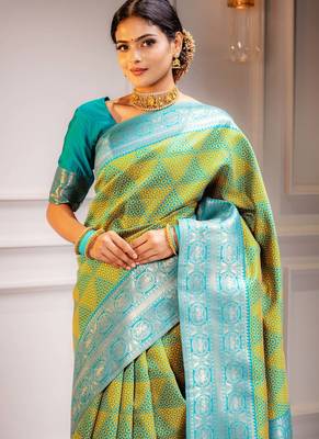 yellow silk blend banarasi saree with blouse  3