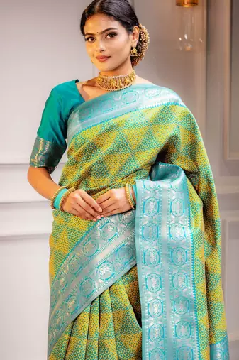 yellow silk blend banarasi saree with blouse 