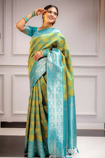 yellow silk blend banarasi saree with blouse 