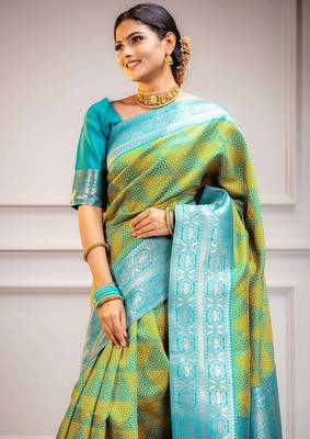 yellow silk blend banarasi saree with blouse  5