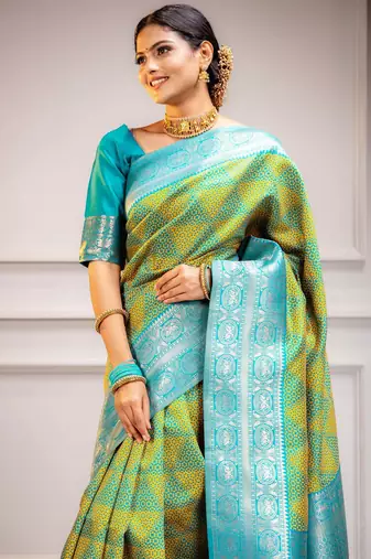 yellow silk blend banarasi saree with blouse 