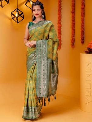 yellow silk blend banarasi saree with blouse  2