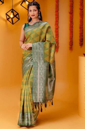 yellow soft art silk banarasi saree with blouse 