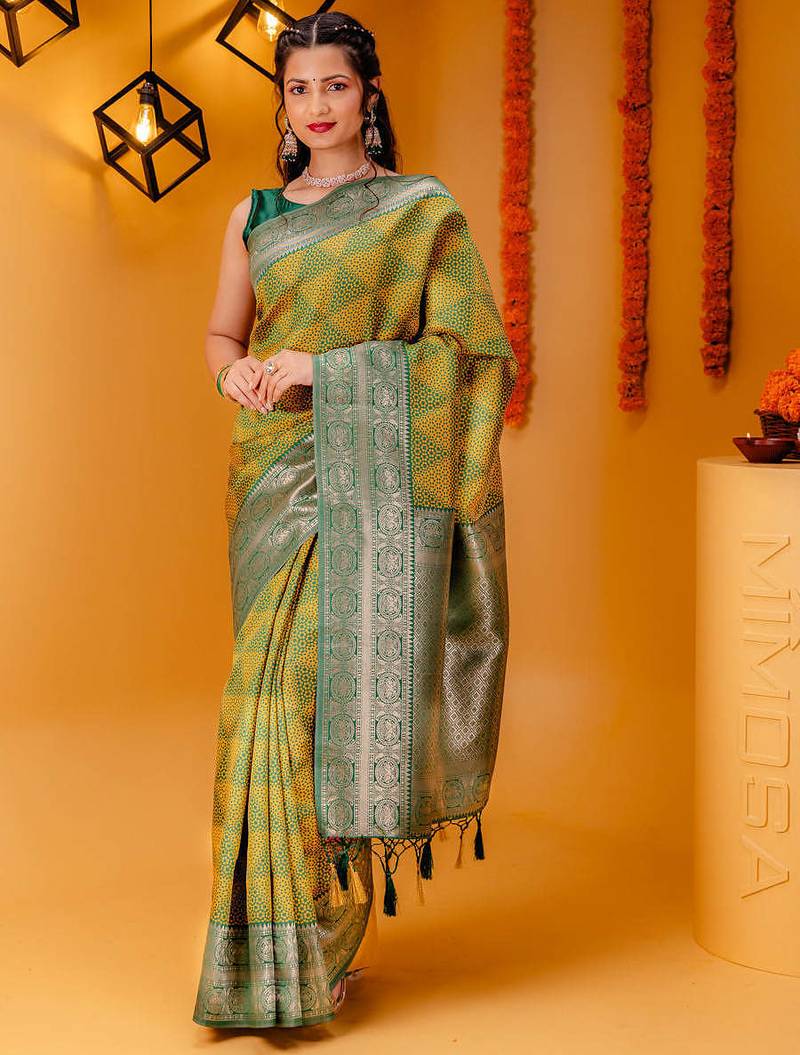 yellow soft art silk banarasi saree with blouse 