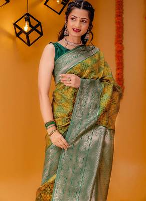 yellow silk blend banarasi saree with blouse  1