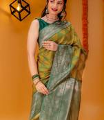 yellow soft art silk blend banarasi saree with blouse 