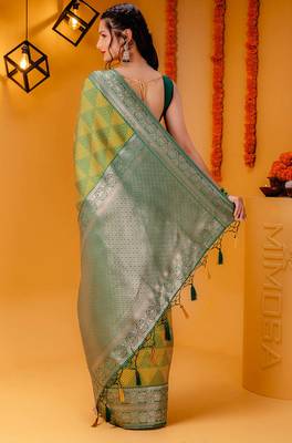 yellow silk blend banarasi saree with blouse  3