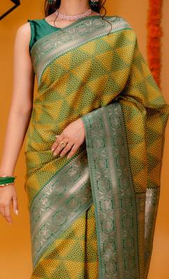yellow silk blend banarasi saree with blouse  4