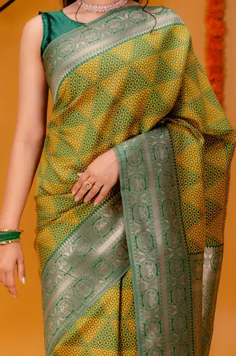 yellow silk blend banarasi saree with blouse 