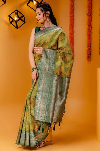 yellow silk blend banarasi saree with blouse 
