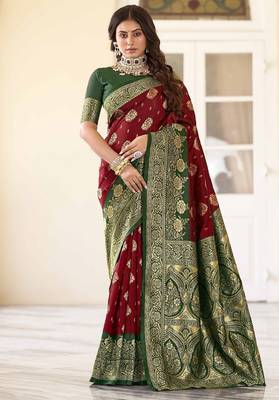 maroon silk blend banarasi saree with blouse  2
