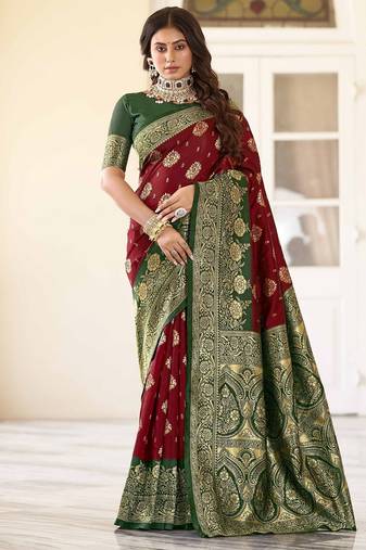 maroon soft art silk banarasi saree with blouse 
