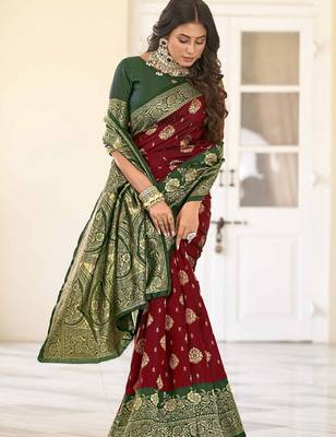 maroon silk blend banarasi saree with blouse  3